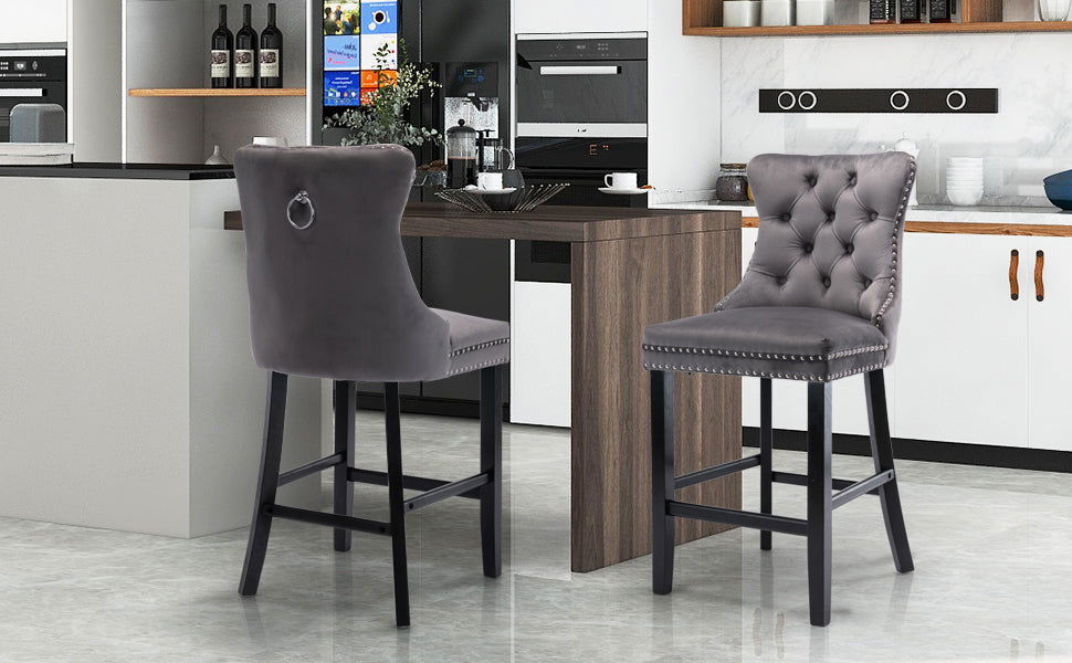 2X Velvet Bar Stools with Studs Trim Wooden Legs Tufted Dining Chairs Kitchen - Cosy Abode
