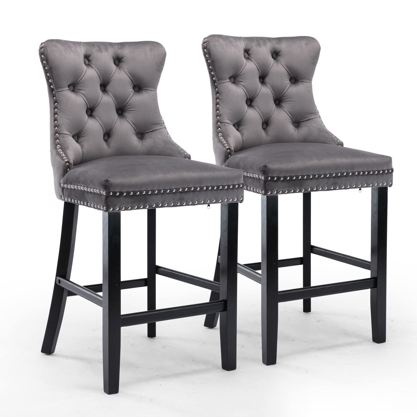 2X Velvet Bar Stools with Studs Trim Wooden Legs Tufted Dining Chairs Kitchen - Cosy Abode