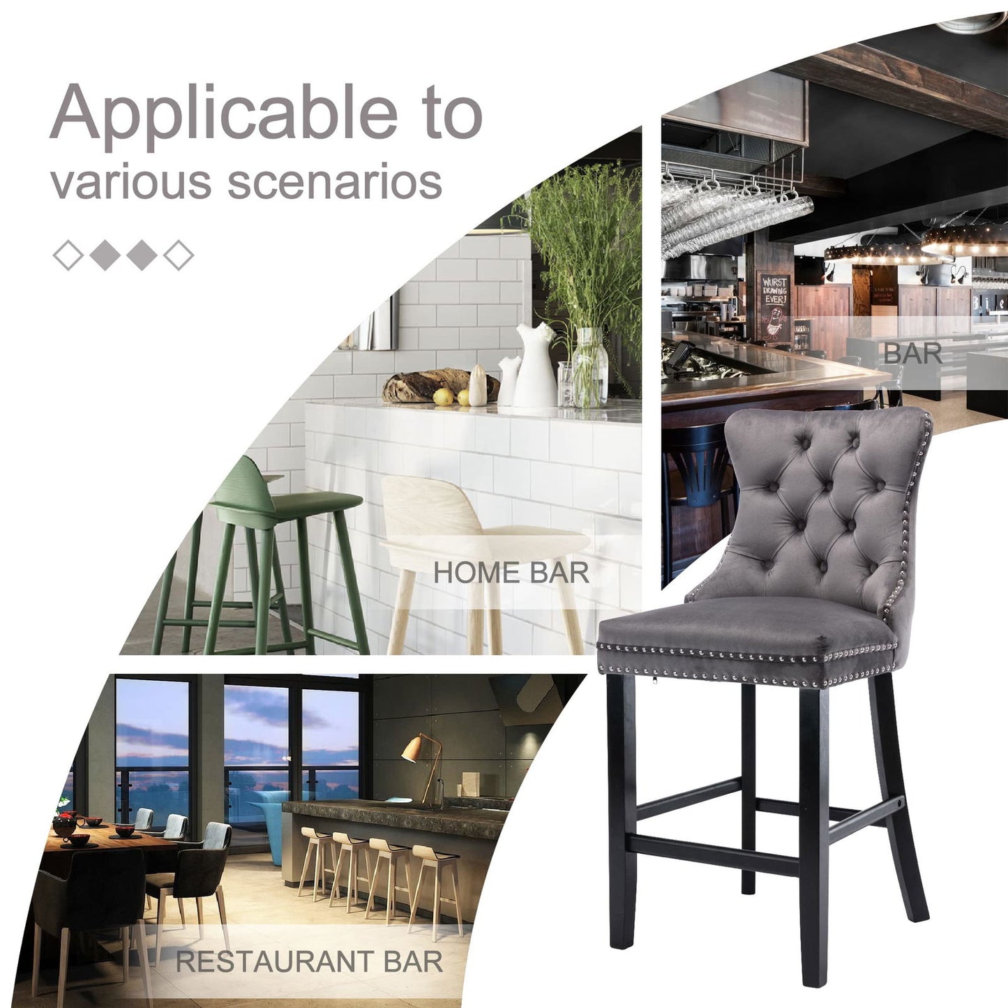 2X Velvet Bar Stools with Studs Trim Wooden Legs Tufted Dining Chairs Kitchen - Cosy Abode