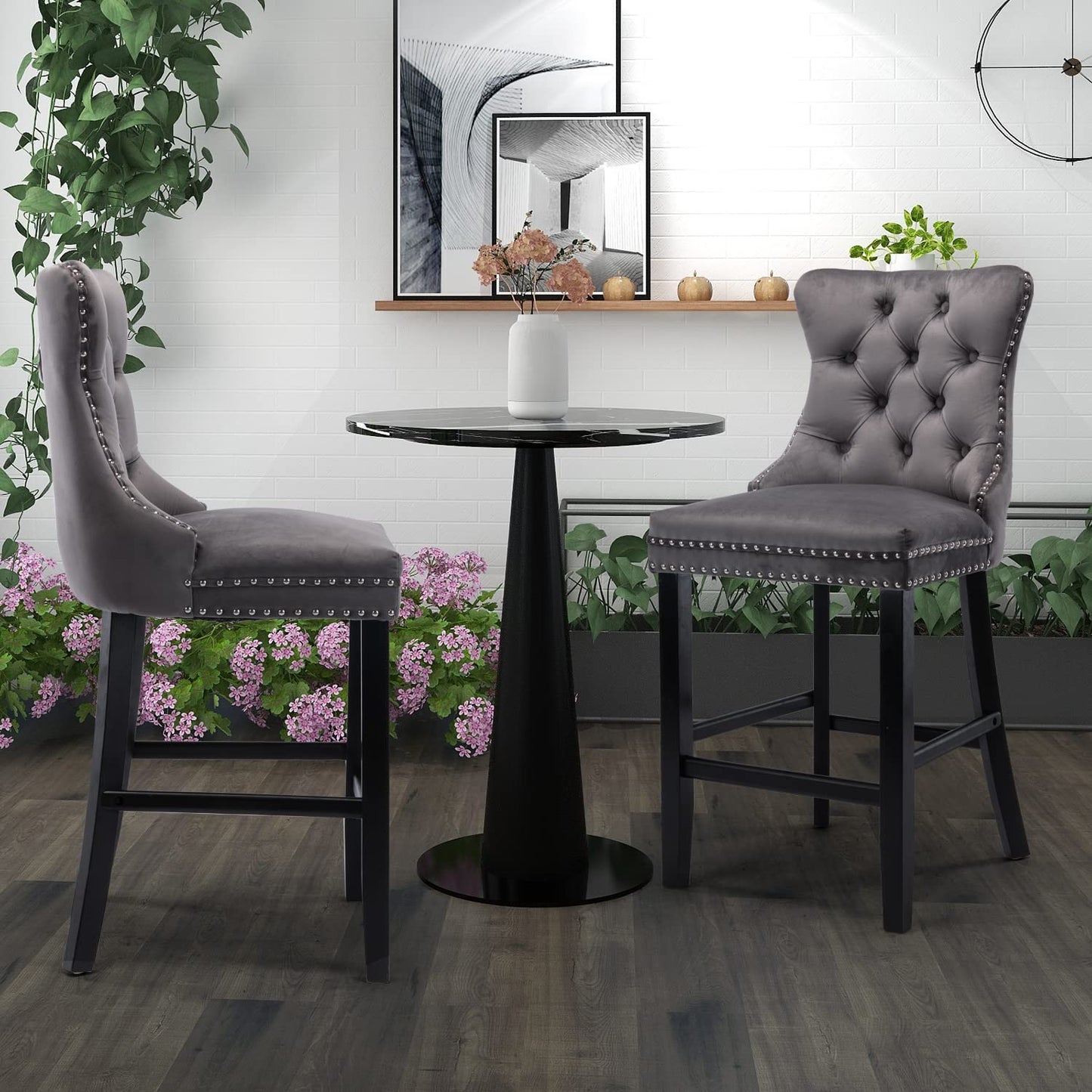 2X Velvet Bar Stools with Studs Trim Wooden Legs Tufted Dining Chairs Kitchen - Cosy Abode