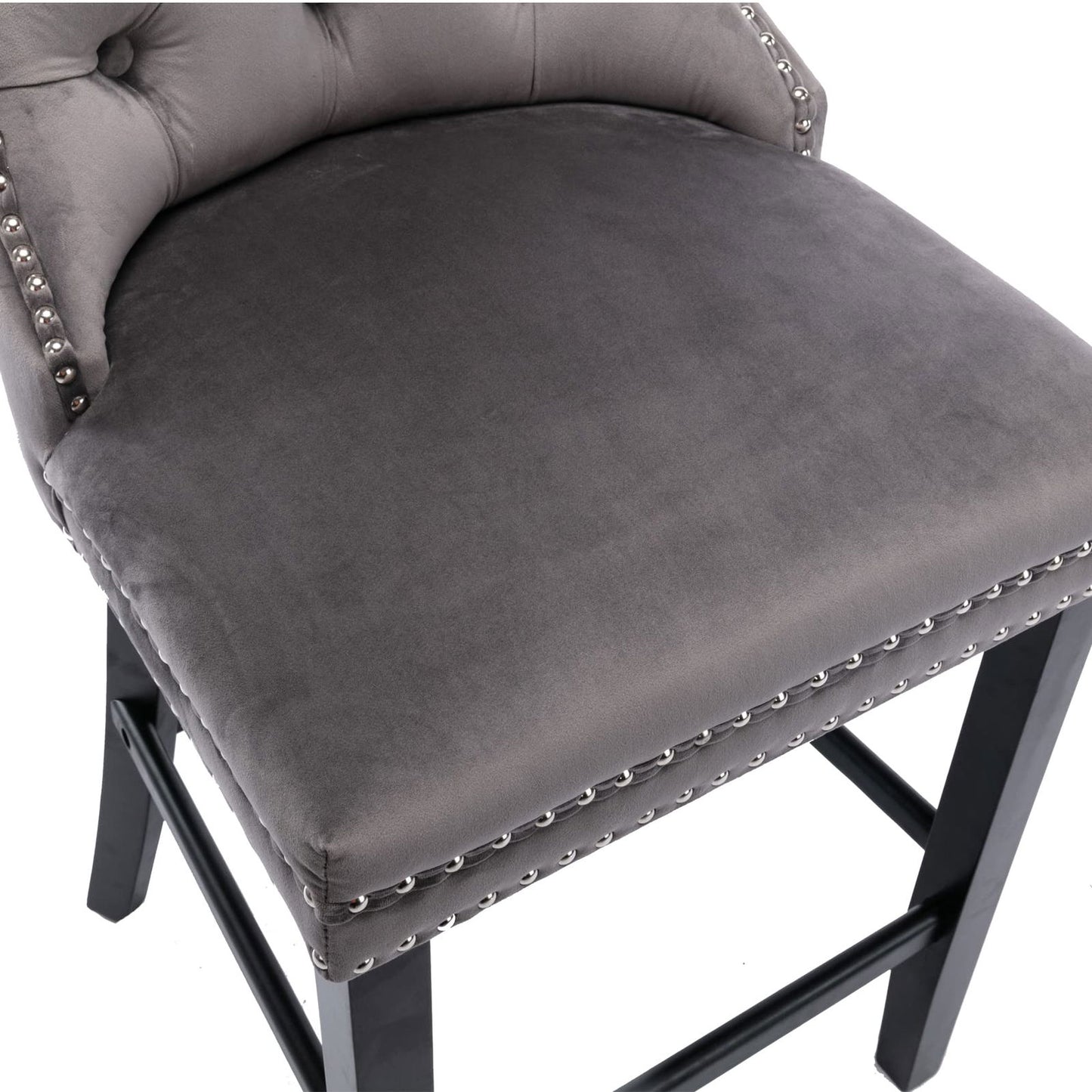 2X Velvet Bar Stools with Studs Trim Wooden Legs Tufted Dining Chairs Kitchen - Cosy Abode