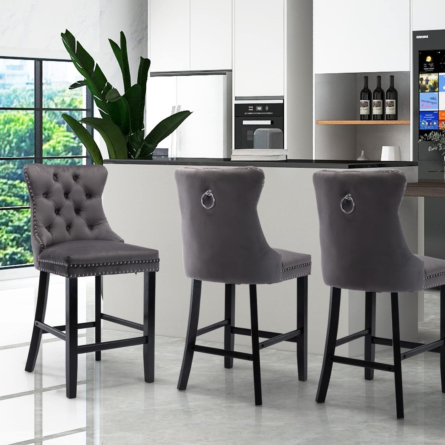 2X Velvet Bar Stools with Studs Trim Wooden Legs Tufted Dining Chairs Kitchen - Cosy Abode