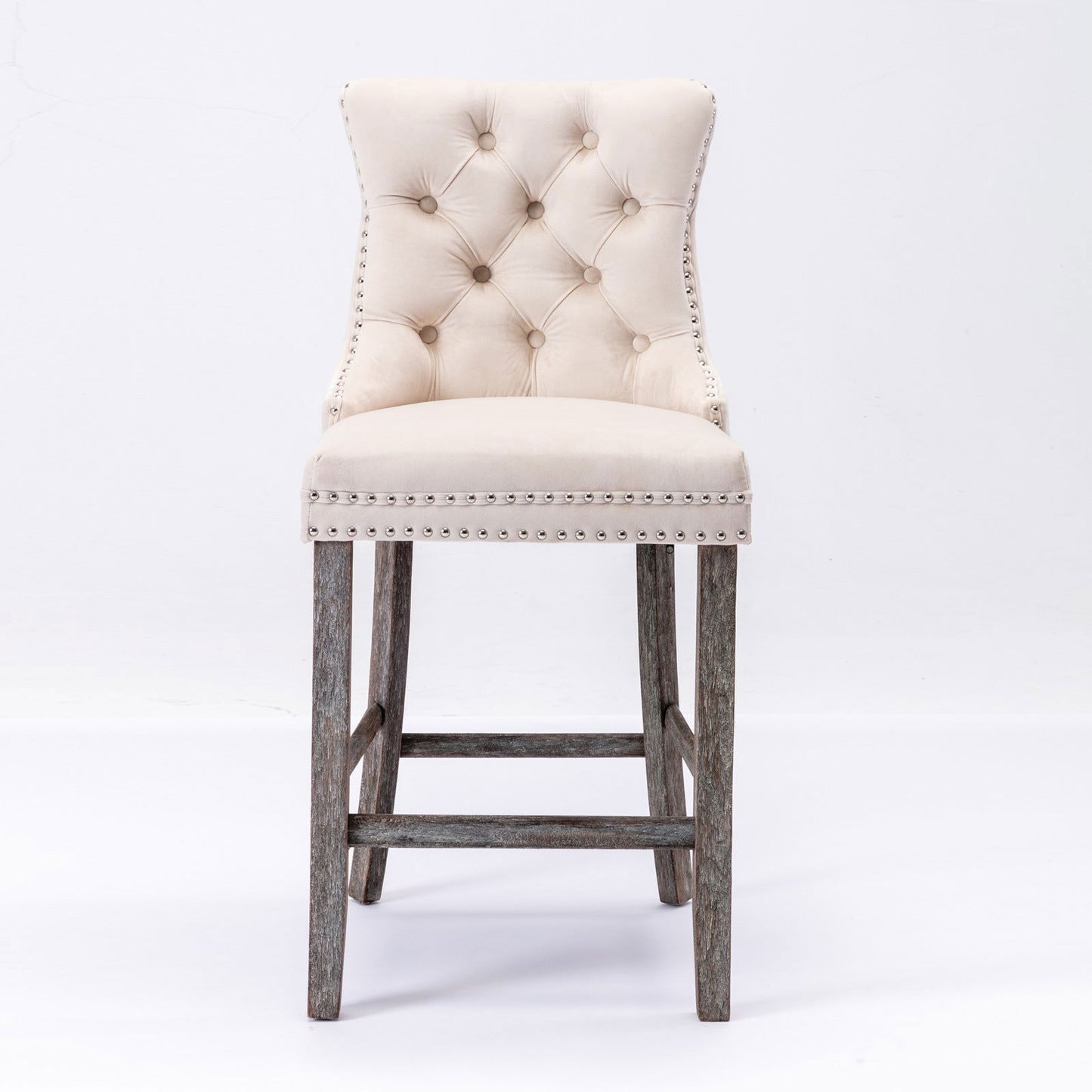2X Velvet Bar Stools with Studs Trim Wooden Legs Tufted Dining Chairs Kitchen - Cosy Abode