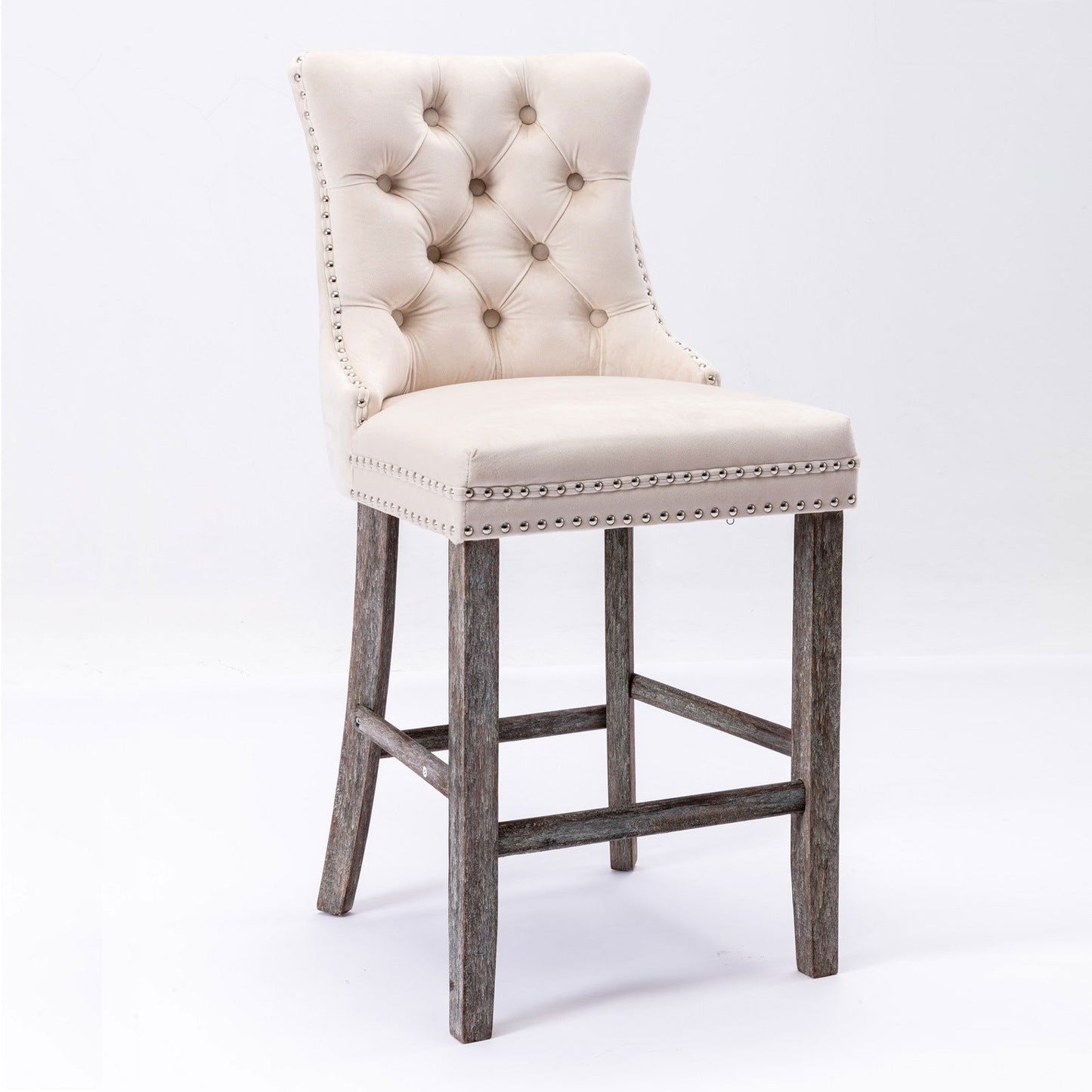 2X Velvet Bar Stools with Studs Trim Wooden Legs Tufted Dining Chairs Kitchen - Cosy Abode