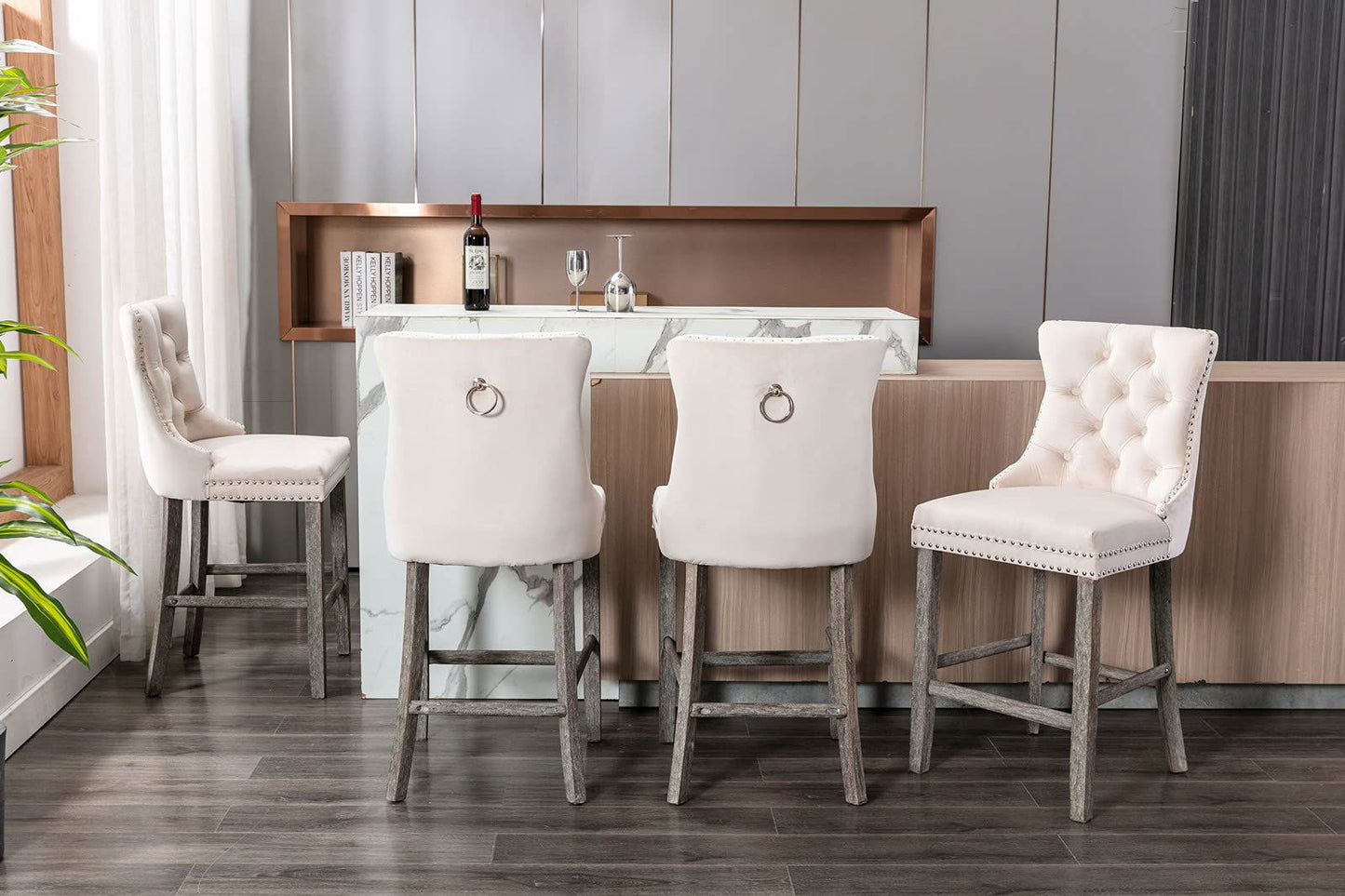2X Velvet Bar Stools with Studs Trim Wooden Legs Tufted Dining Chairs Kitchen - Cosy Abode