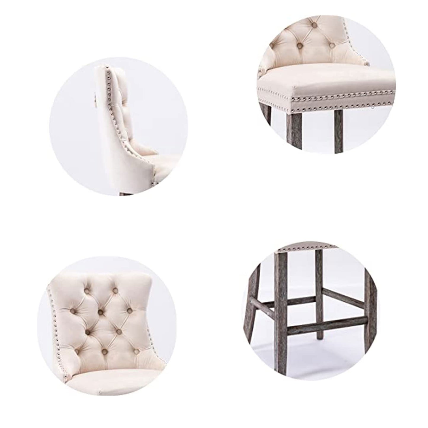 2X Velvet Bar Stools with Studs Trim Wooden Legs Tufted Dining Chairs Kitchen - Cosy Abode