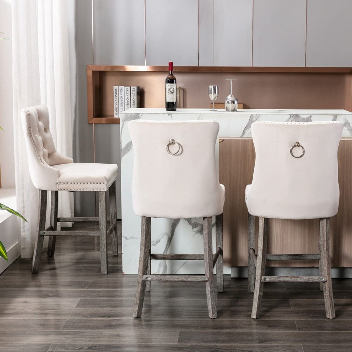 2X Velvet Bar Stools with Studs Trim Wooden Legs Tufted Dining Chairs Kitchen - Cosy Abode