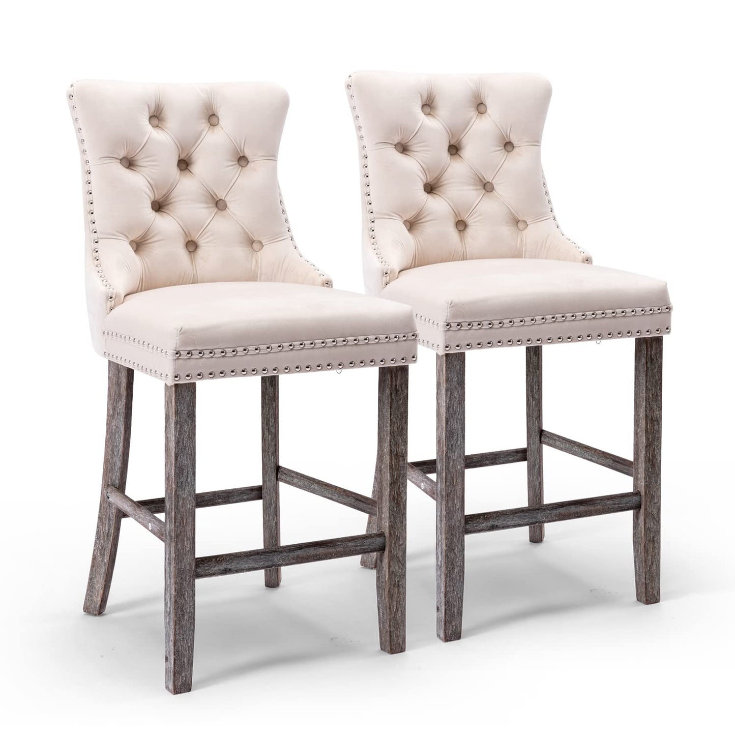 2X Velvet Bar Stools with Studs Trim Wooden Legs Tufted Dining Chairs Kitchen - Cosy Abode