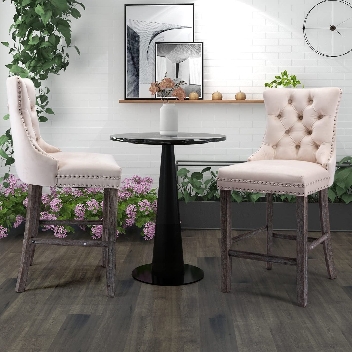 2X Velvet Bar Stools with Studs Trim Wooden Legs Tufted Dining Chairs Kitchen - Cosy Abode