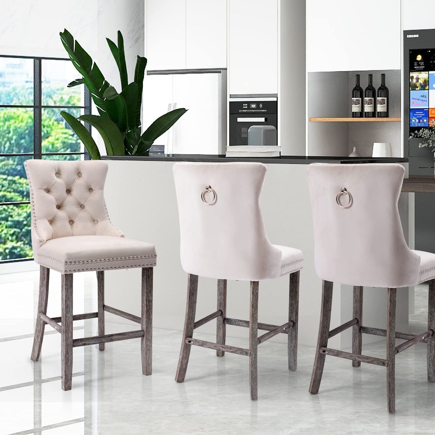 2X Velvet Bar Stools with Studs Trim Wooden Legs Tufted Dining Chairs Kitchen - Cosy Abode