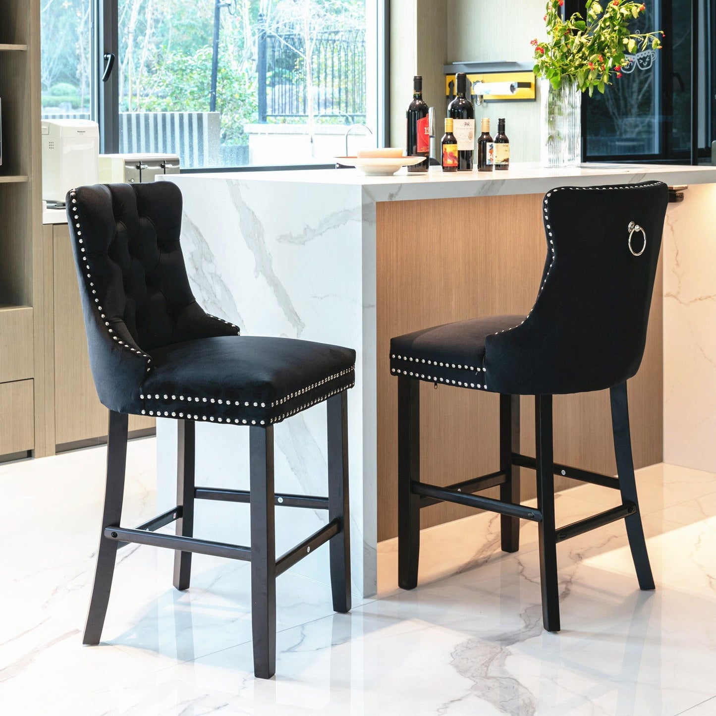 2X Velvet Bar Stools with Studs Trim Wooden Legs Tufted Dining Chairs Kitchen - Cosy Abode