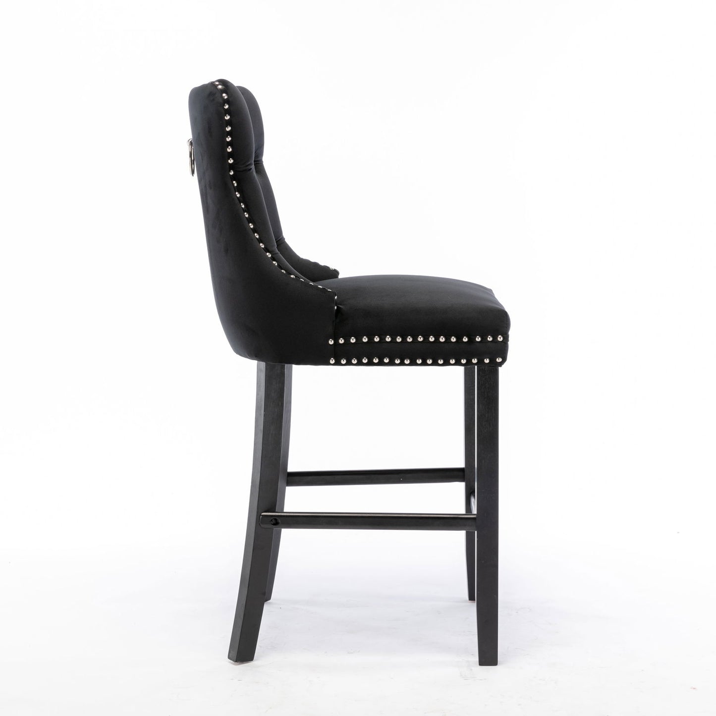 2X Velvet Bar Stools with Studs Trim Wooden Legs Tufted Dining Chairs Kitchen - Cosy Abode