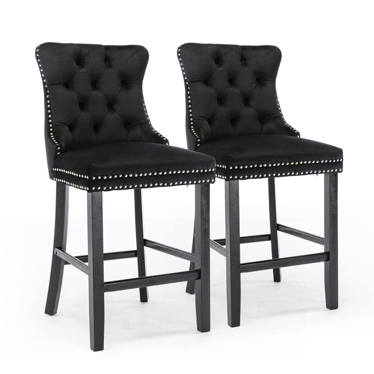 2X Velvet Bar Stools with Studs Trim Wooden Legs Tufted Dining Chairs Kitchen - Cosy Abode