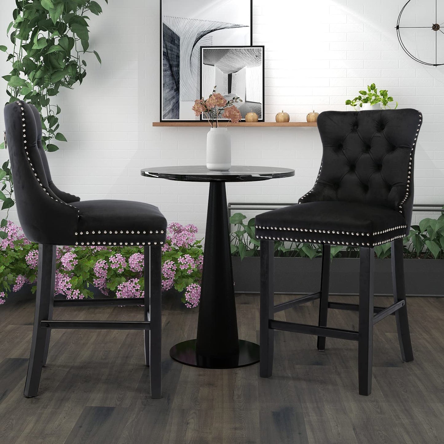 2X Velvet Bar Stools with Studs Trim Wooden Legs Tufted Dining Chairs Kitchen - Cosy Abode