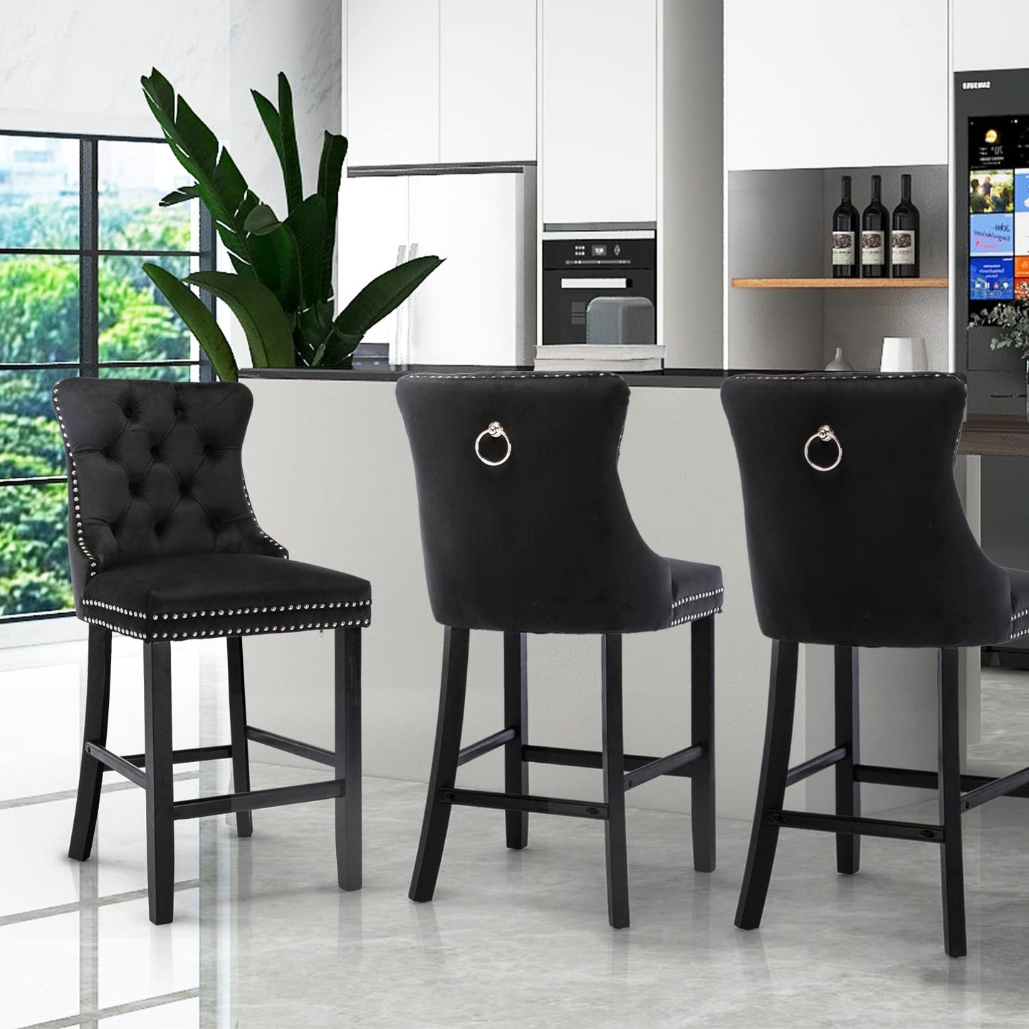 2X Velvet Bar Stools with Studs Trim Wooden Legs Tufted Dining Chairs Kitchen - Cosy Abode