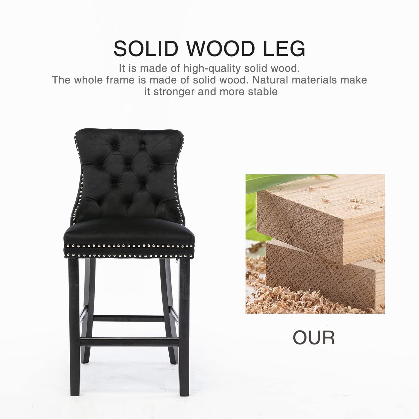2X Velvet Bar Stools with Studs Trim Wooden Legs Tufted Dining Chairs Kitchen - Cosy Abode