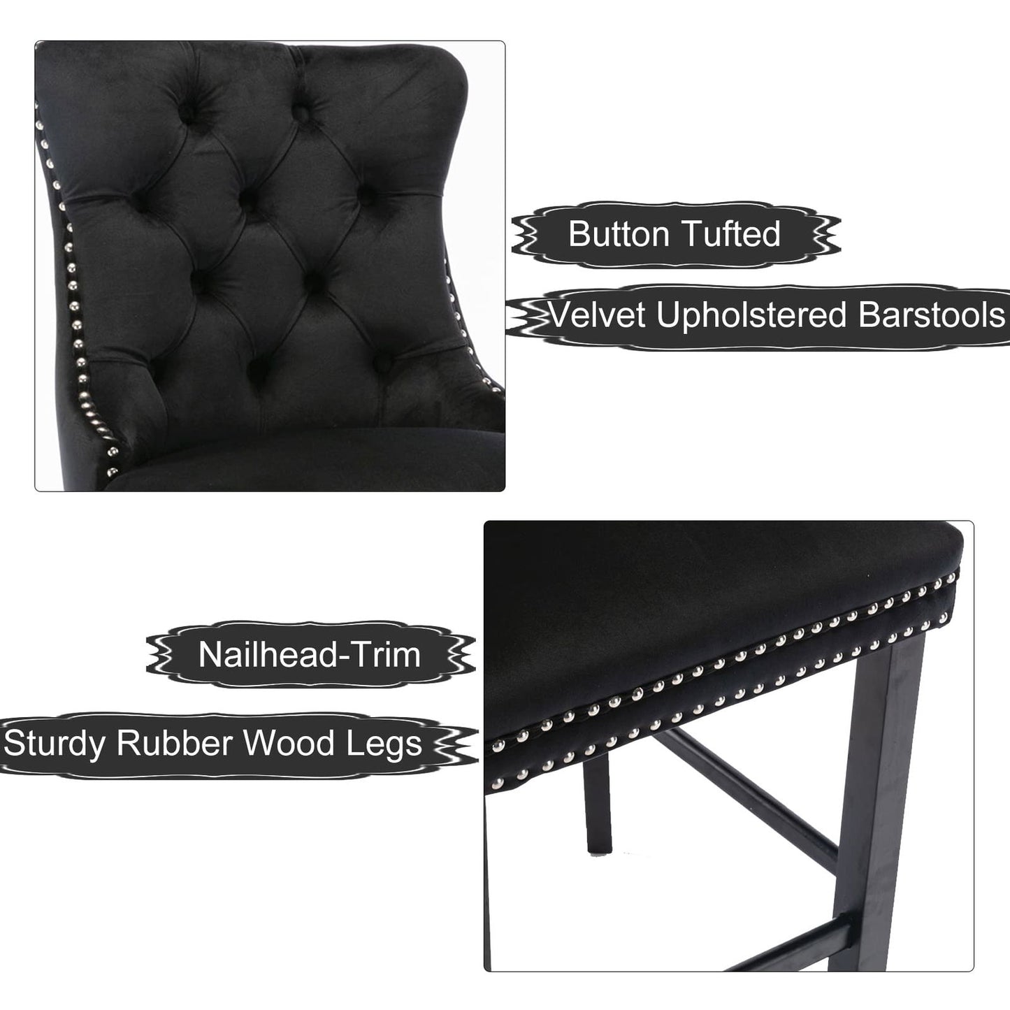 2X Velvet Bar Stools with Studs Trim Wooden Legs Tufted Dining Chairs Kitchen - Cosy Abode