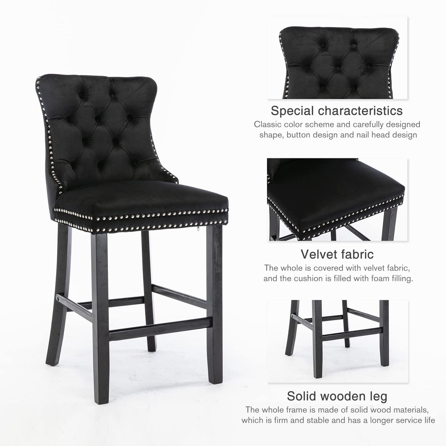 2X Velvet Bar Stools with Studs Trim Wooden Legs Tufted Dining Chairs Kitchen - Cosy Abode