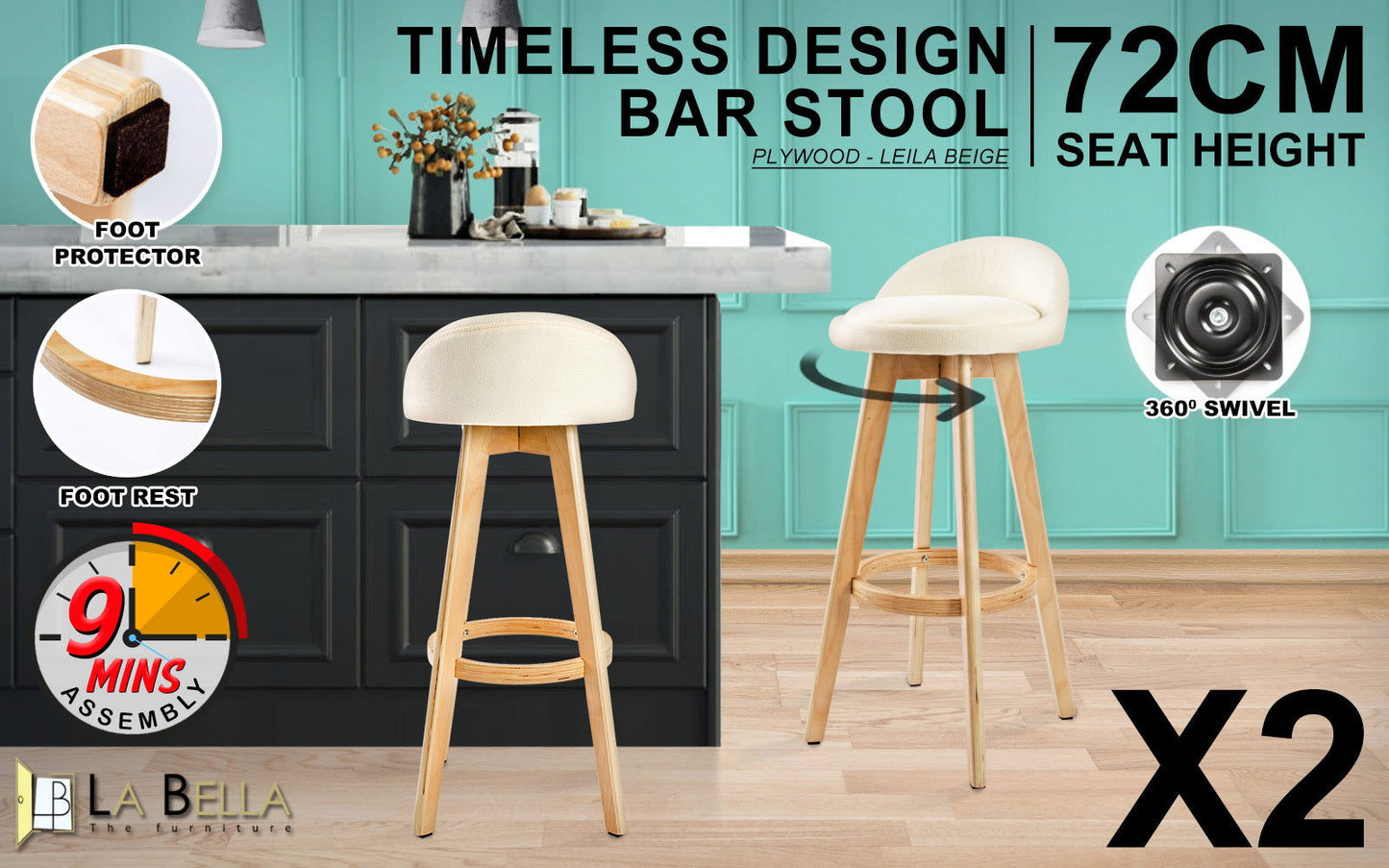2X Wood Bar Stool Dining Chair Fabric LEILA 72cm BEIGE - Cosy Abode