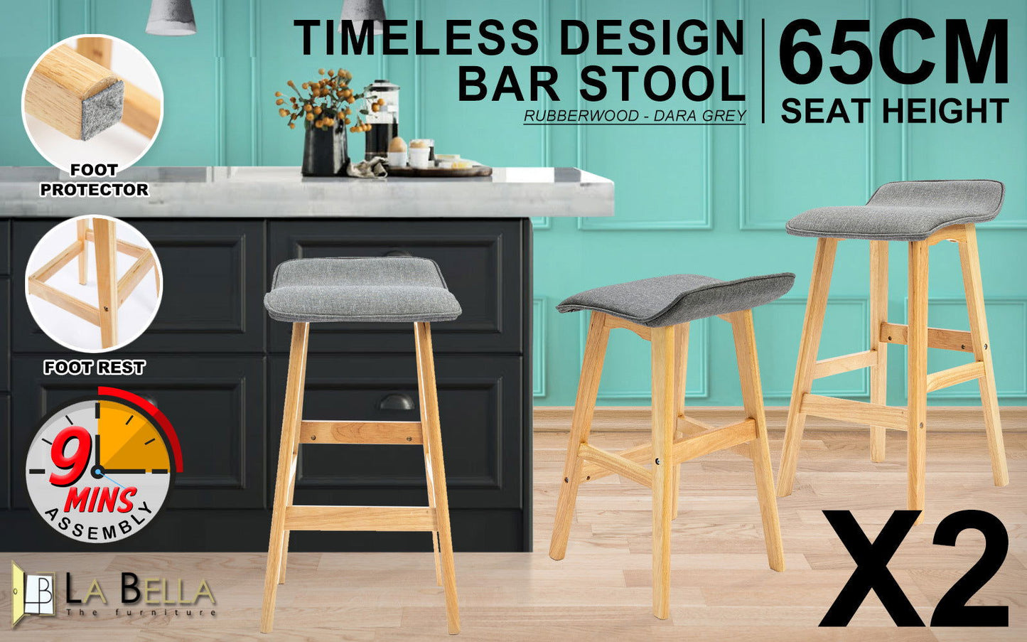 2X Wooden Bar Stool Dining Chair Fabric DARA 65cm GREY - Cosy Abode