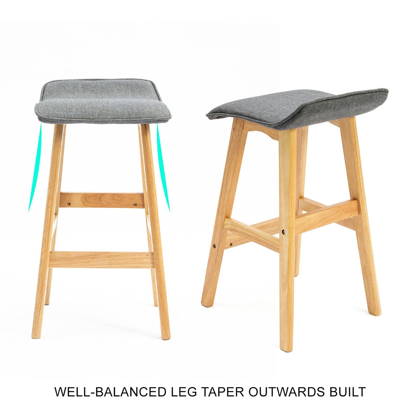 2X Wooden Bar Stool Dining Chair Fabric DARA 65cm GREY - Cosy Abode