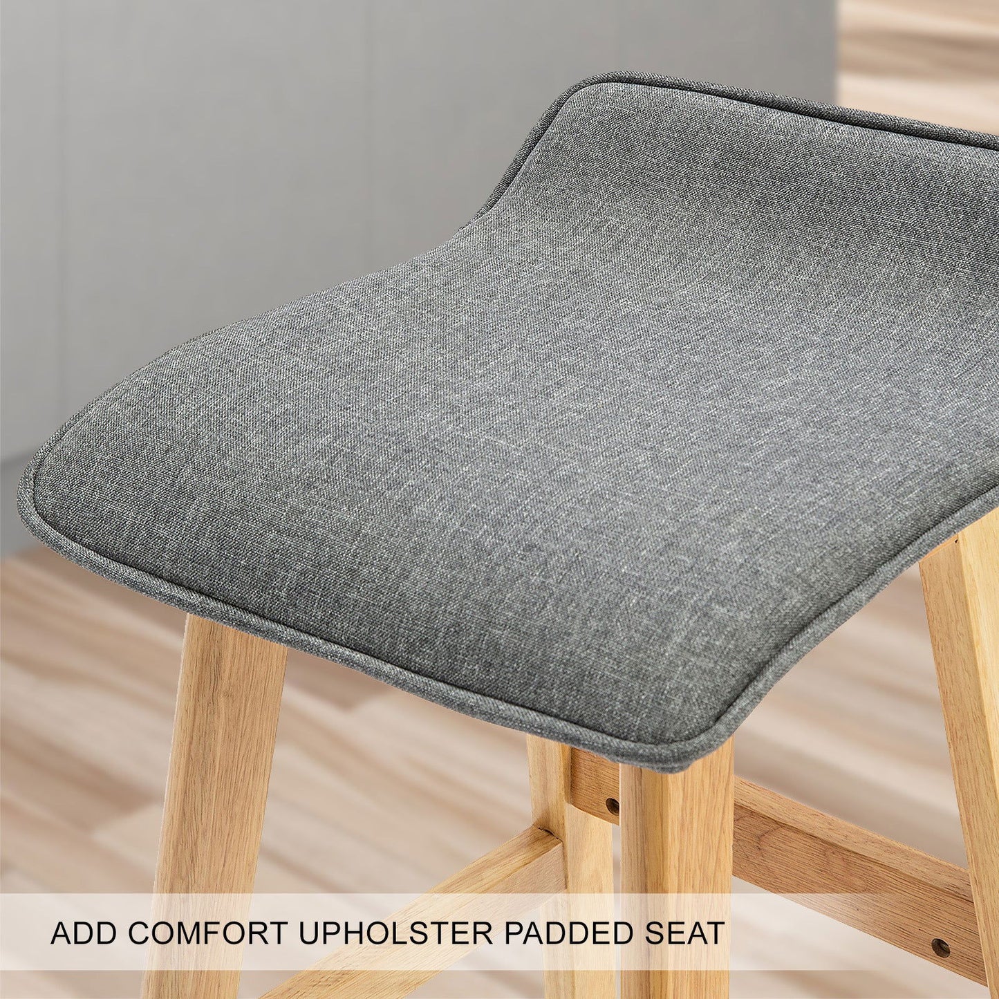 2X Wooden Bar Stool Dining Chair Fabric DARA 65cm GREY - Cosy Abode