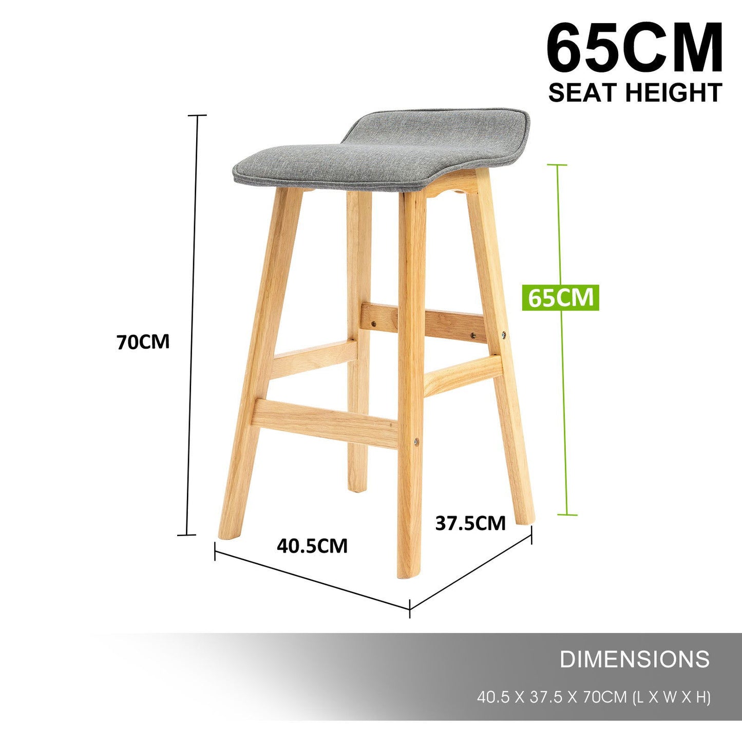 2X Wooden Bar Stool Dining Chair Fabric DARA 65cm GREY - Cosy Abode