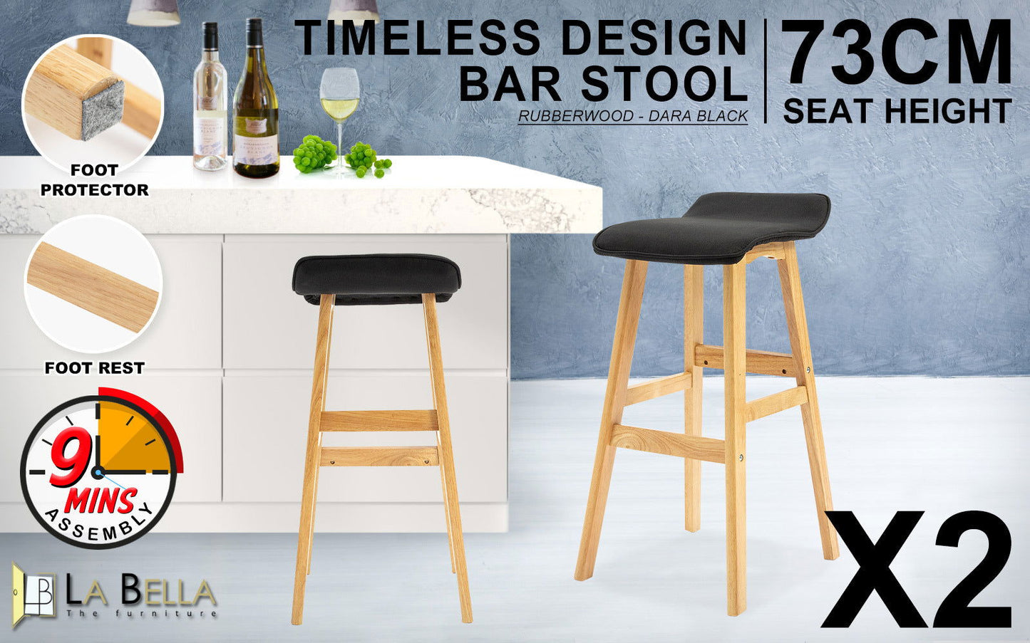 2X Wooden Bar Stool Dining Chair Fabric DARA 73cm BLACK - Cosy Abode