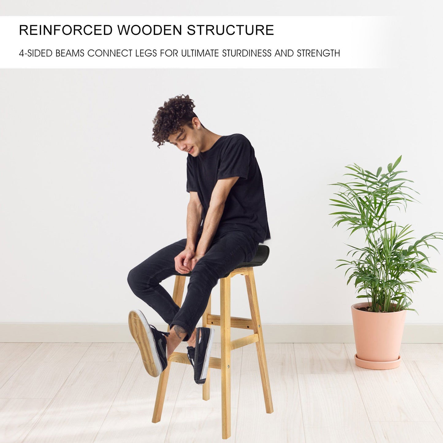 2X Wooden Bar Stool Dining Chair Fabric DARA 73cm BLACK - Cosy Abode