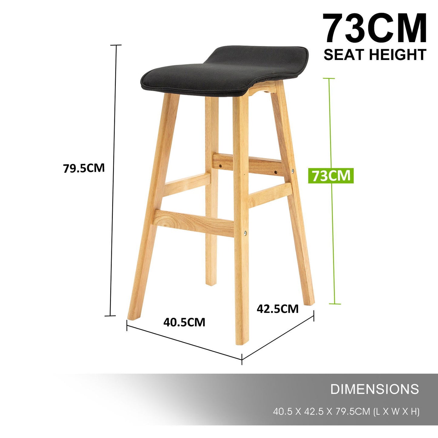 2X Wooden Bar Stool Dining Chair Fabric DARA 73cm BLACK - Cosy Abode