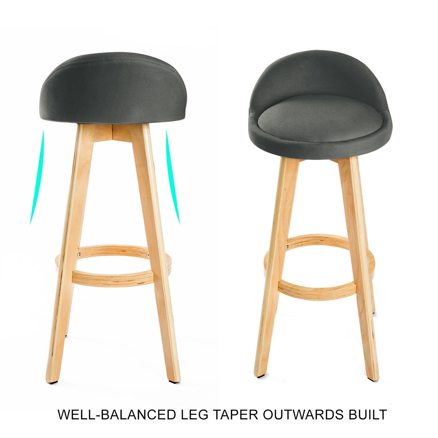 2X Wooden Bar Stool Dining Chair Fabric LEILA 72cm GREY - Cosy Abode