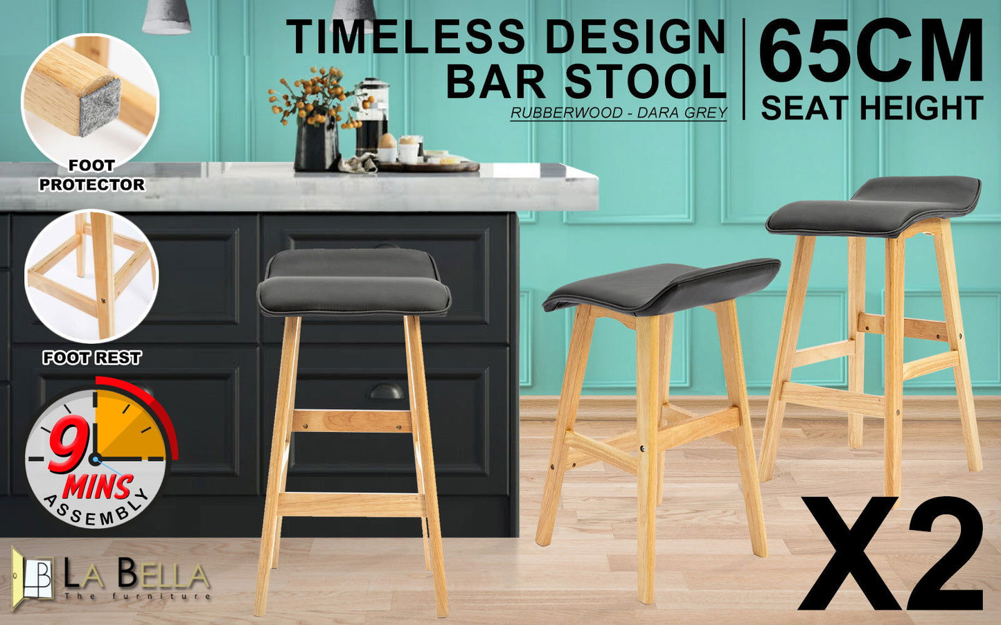 2X Wooden Bar Stool Dining Chair Leather DARA 65cm BLACK - Cosy Abode