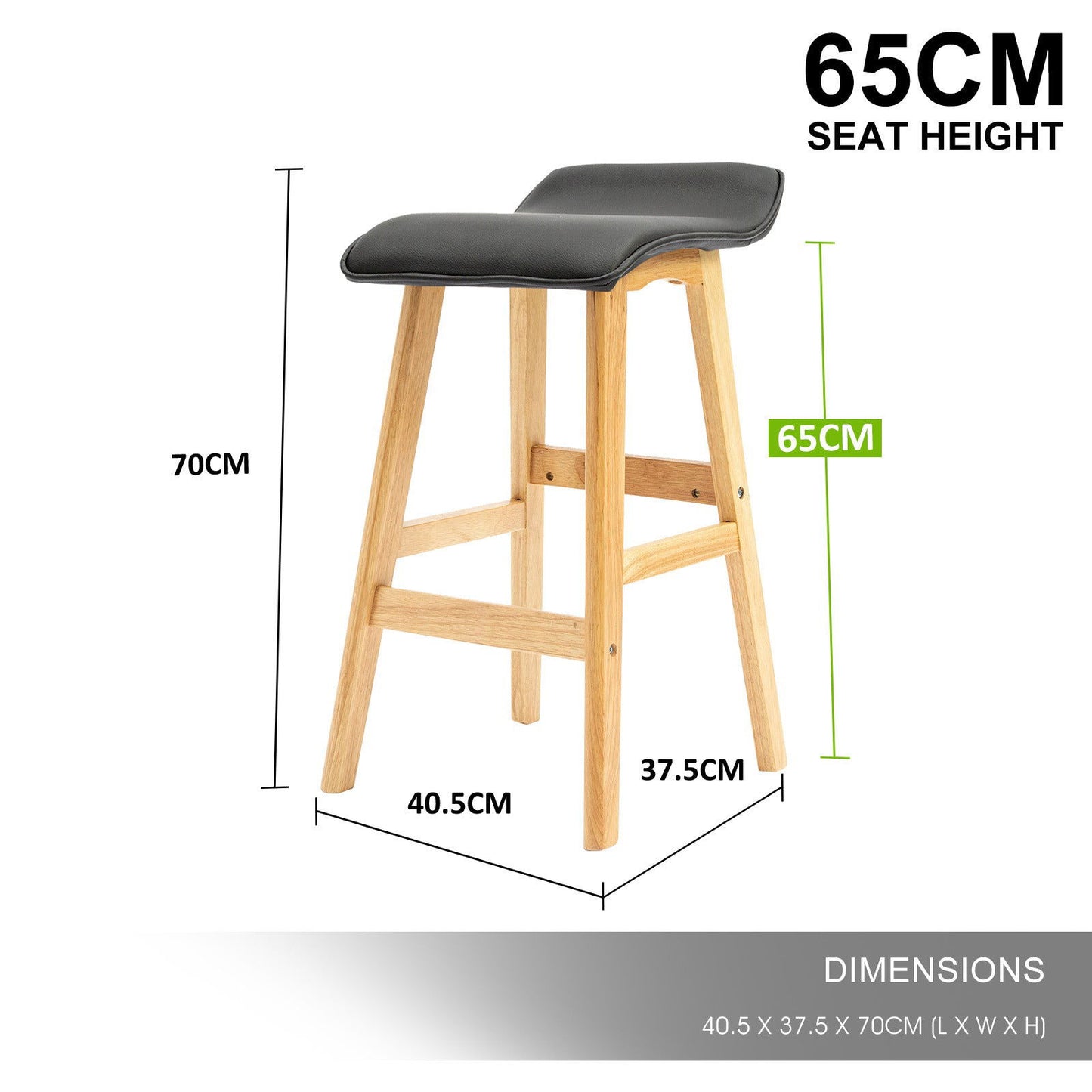 2X Wooden Bar Stool Dining Chair Leather DARA 65cm BLACK - Cosy Abode