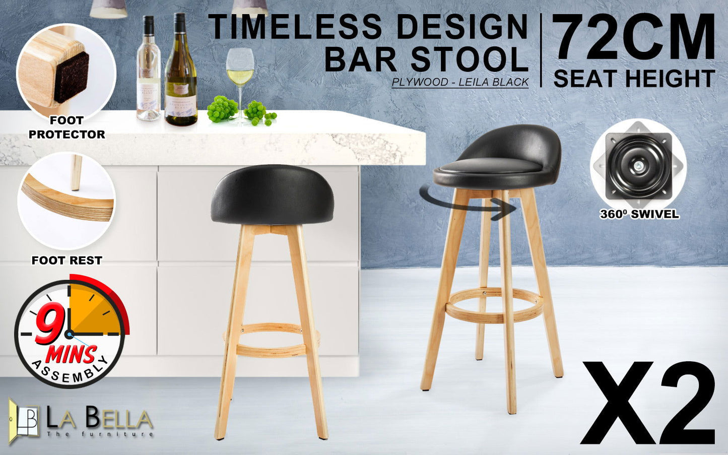 2X Wooden Bar Stool Dining Chair Leather LEILA 72cm BLACK - Cosy Abode
