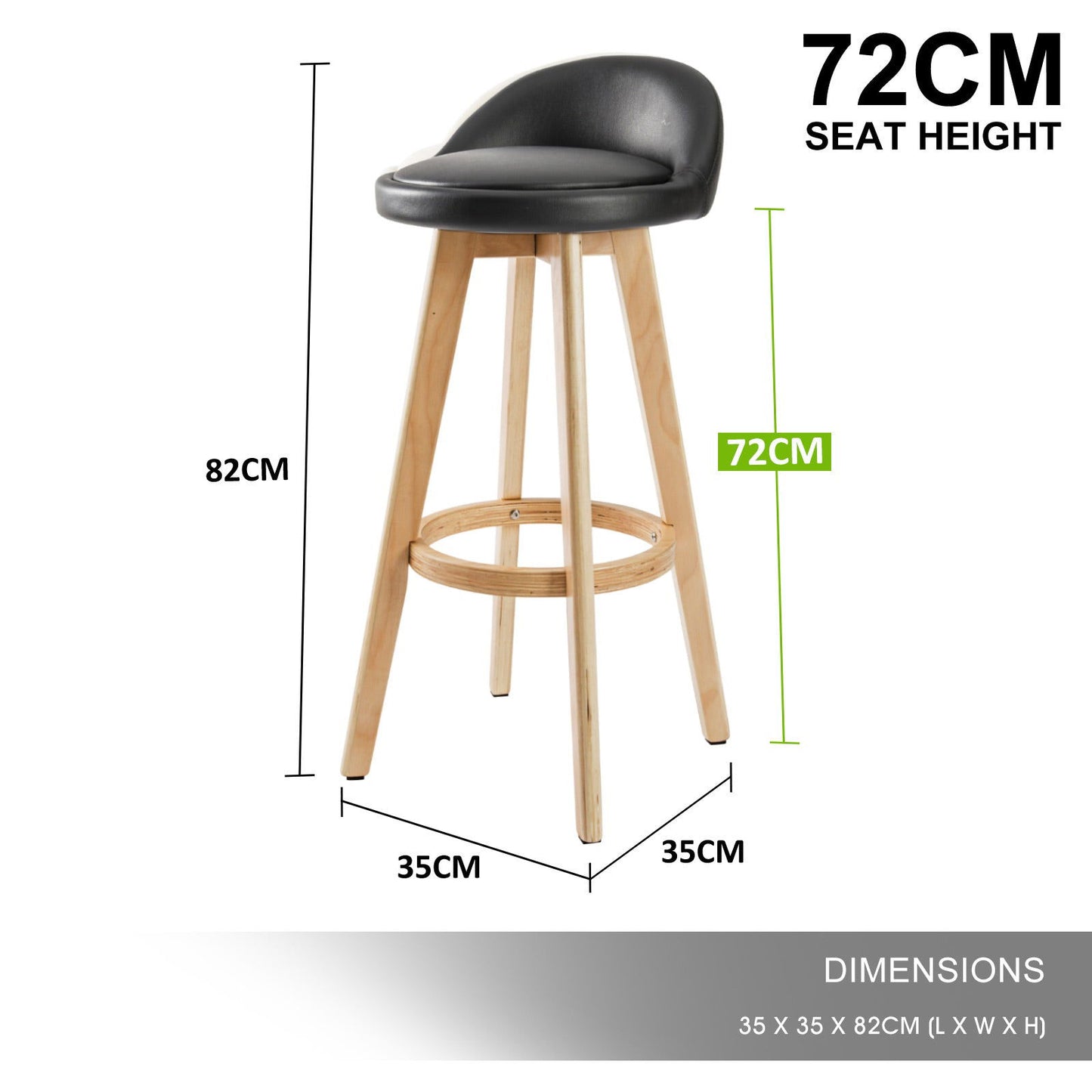 2X Wooden Bar Stool Dining Chair Leather LEILA 72cm BLACK - Cosy Abode
