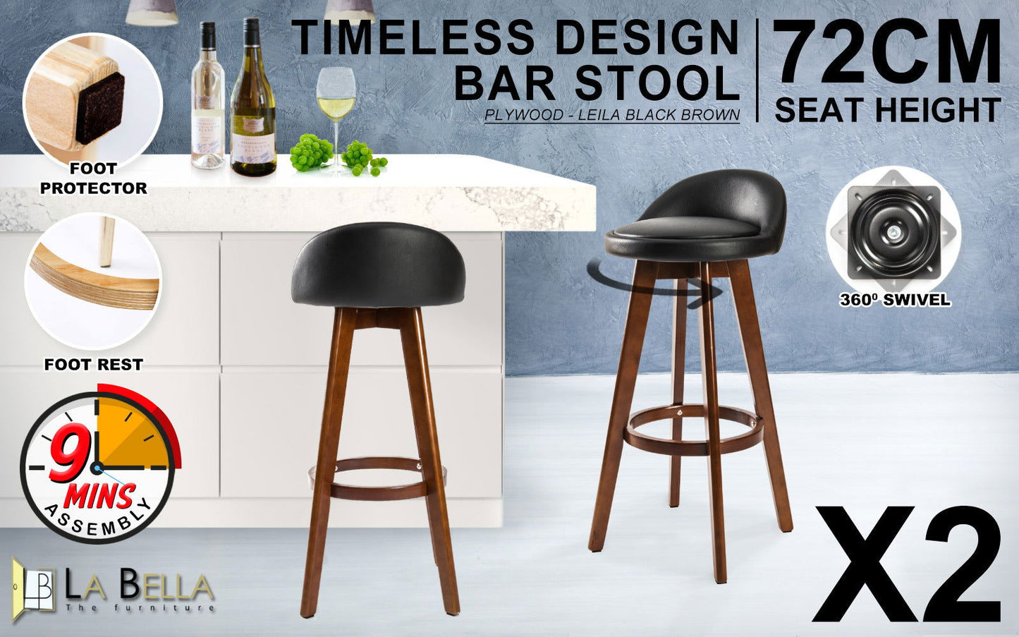 2X Wooden Bar Stool Dining Chair Leather LEILA 72cm BLACK BROWN - Cosy Abode