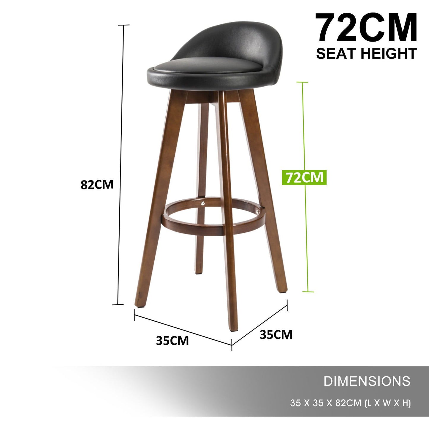 2X Wooden Bar Stool Dining Chair Leather LEILA 72cm BLACK BROWN - Cosy Abode