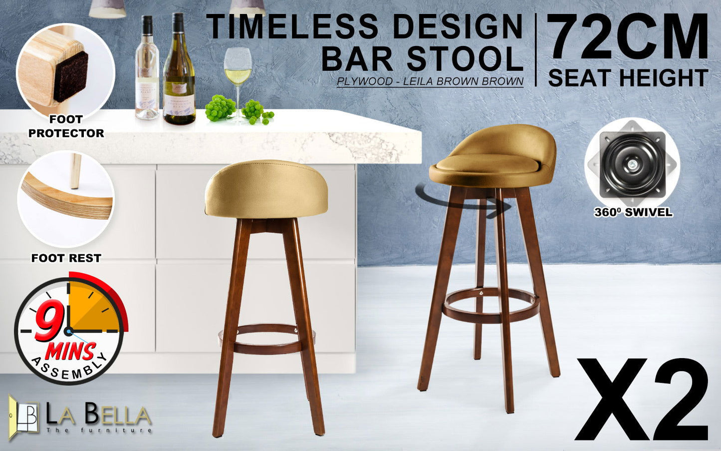 2X Wooden Bar Stool Dining Chair Leather LEILA 72cm COFFEE BROWN - Cosy Abode