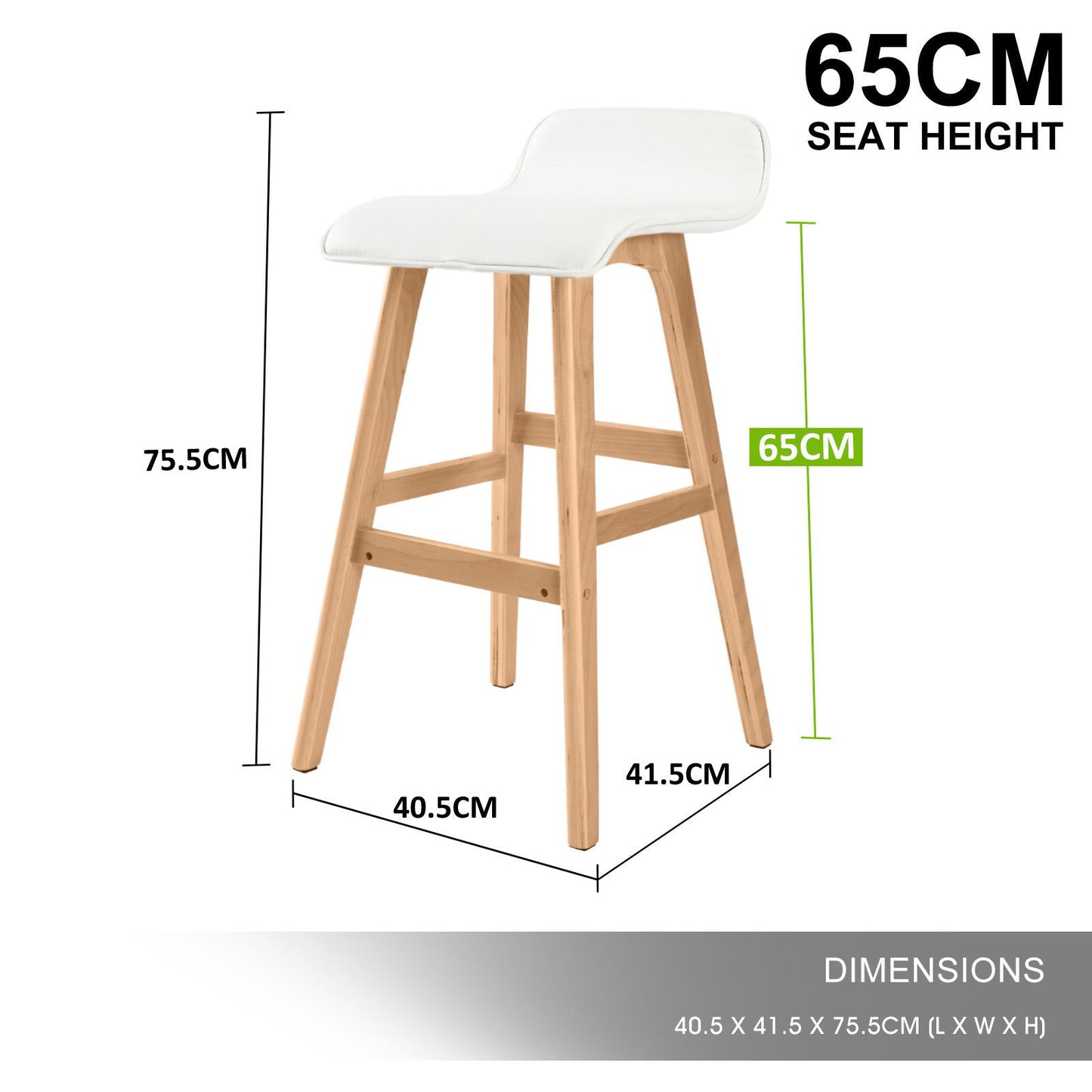 2X Wooden Bar Stool Dining Chair Leather SOPHIA 65cm WHITE - Cosy Abode