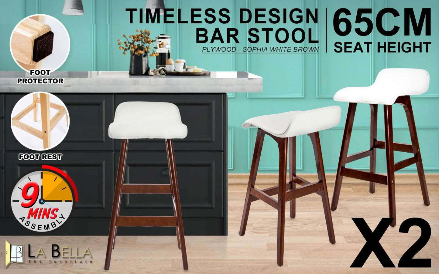 2X Wooden Bar Stool Dining Chair Leather SOPHIA 65cm WHITE BROWN - Cosy Abode
