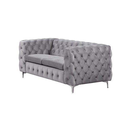 2 Seater Sofa Classic Button Tufted Lounge in Grey Velvet Fabric with Metal Legs - Cosy Abode