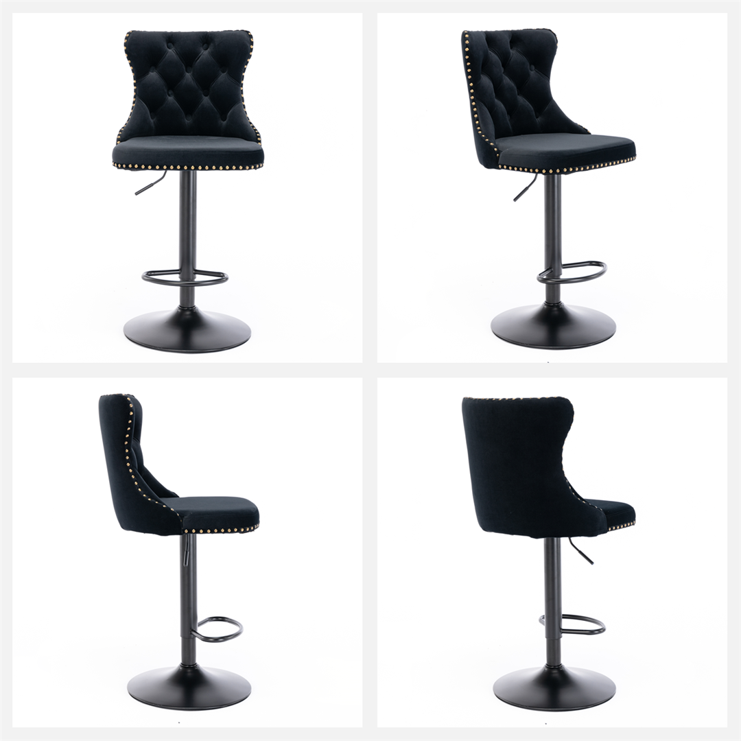 2x Height Adjustable Swivel Bar Stool Velvet Nailhead Barstool with Footrest - Cosy Abode