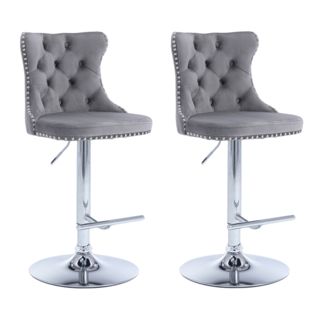 2x Height Adjustable Swivel Bar Stool Velvet Stud Barstool with Footrest and Chromed Base- Gray - Cosy Abode