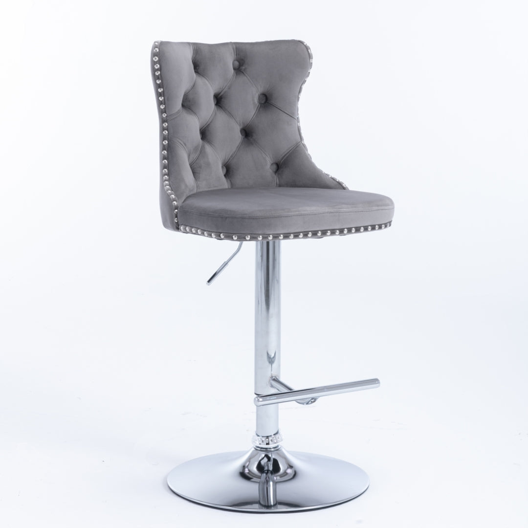 2x Height Adjustable Swivel Bar Stool Velvet Stud Barstool with Footrest and Chromed Base- Gray - Cosy Abode