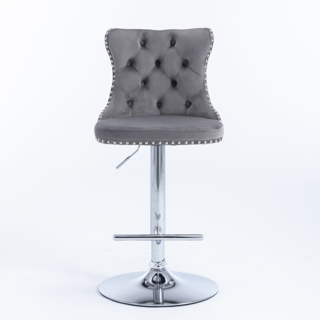 2x Height Adjustable Swivel Bar Stool Velvet Stud Barstool with Footrest and Chromed Base- Gray - Cosy Abode
