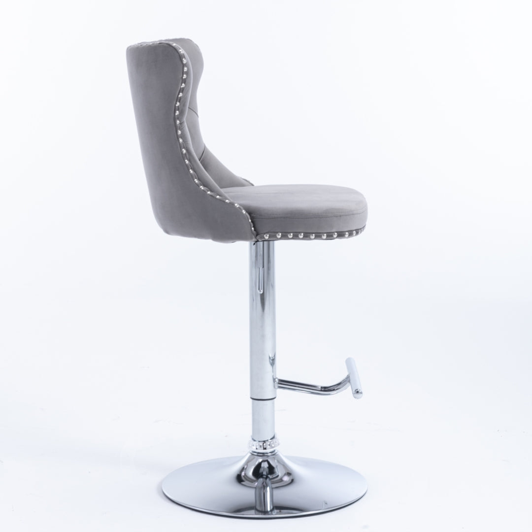 2x Height Adjustable Swivel Bar Stool Velvet Stud Barstool with Footrest and Chromed Base- Gray - Cosy Abode