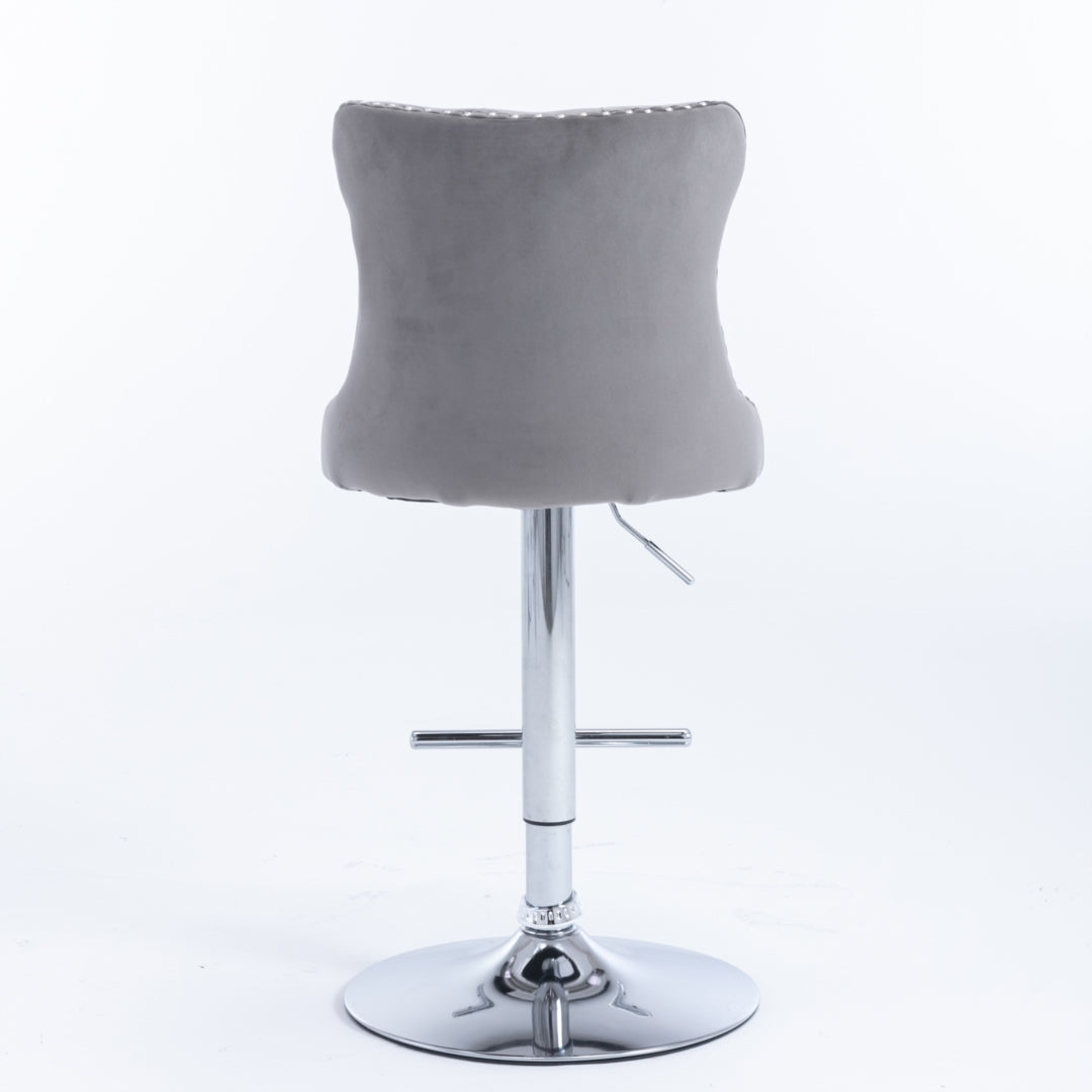 2x Height Adjustable Swivel Bar Stool Velvet Stud Barstool with Footrest and Chromed Base- Gray - Cosy Abode