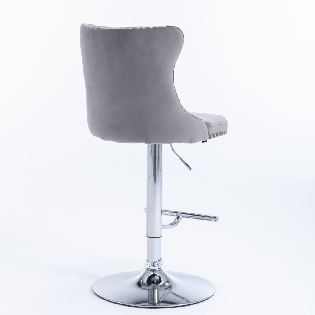 2x Height Adjustable Swivel Bar Stool Velvet Stud Barstool with Footrest and Chromed Base- Gray - Cosy Abode