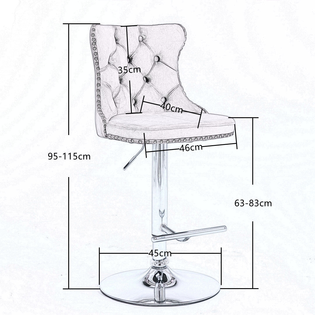 2x Height Adjustable Swivel Bar Stool Velvet Stud Barstool with Footrest and Chromed Base- Gray - Cosy Abode