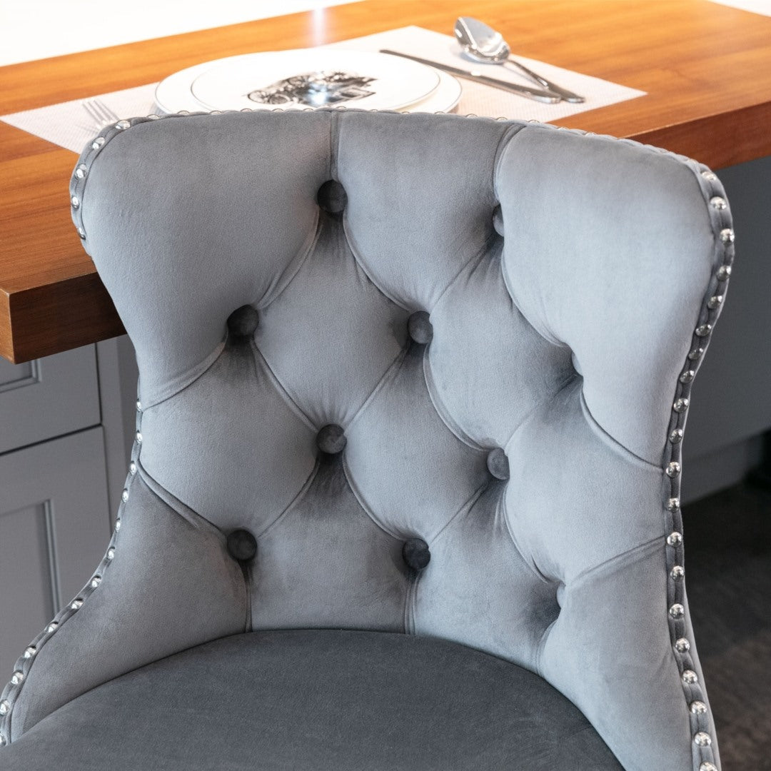 2x Height Adjustable Swivel Bar Stool Velvet Stud Barstool with Footrest and Chromed Base- Gray - Cosy Abode